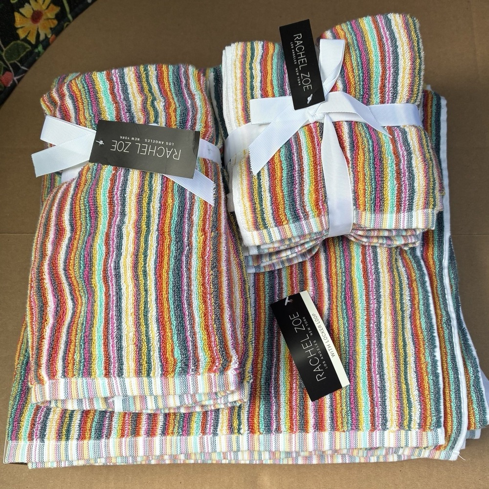 Rachel Zoe 9 piece Striped Rainbow Towel Set 2 Bath, 2 Hand, 5 Washcloth NEW